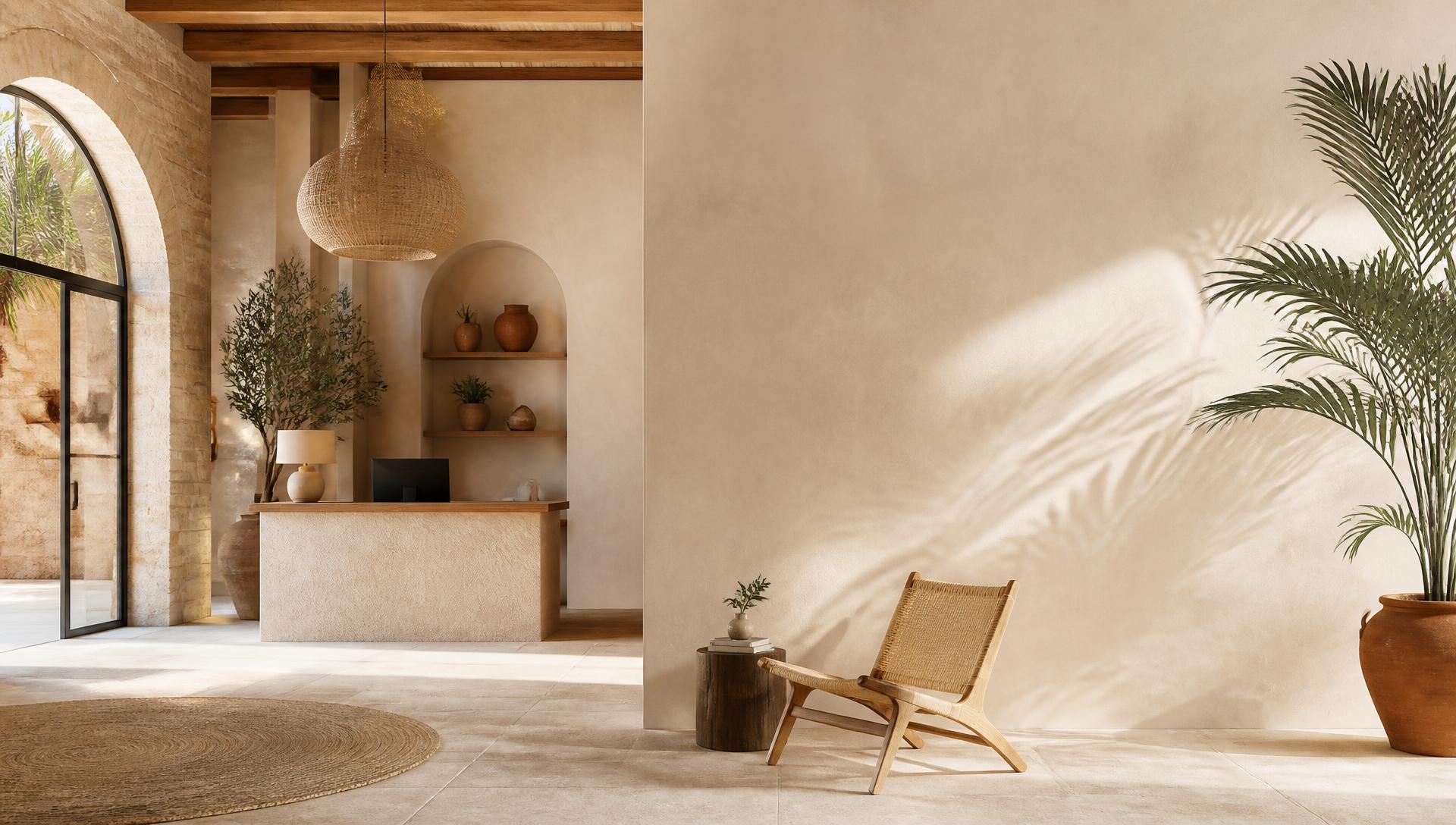 Helle mediterrane Hotellobby auf Mallorca mit großer freier Wandfläche